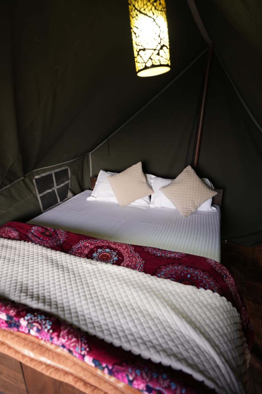 Valley View Compact Tent interior with warm pendant lamp at night